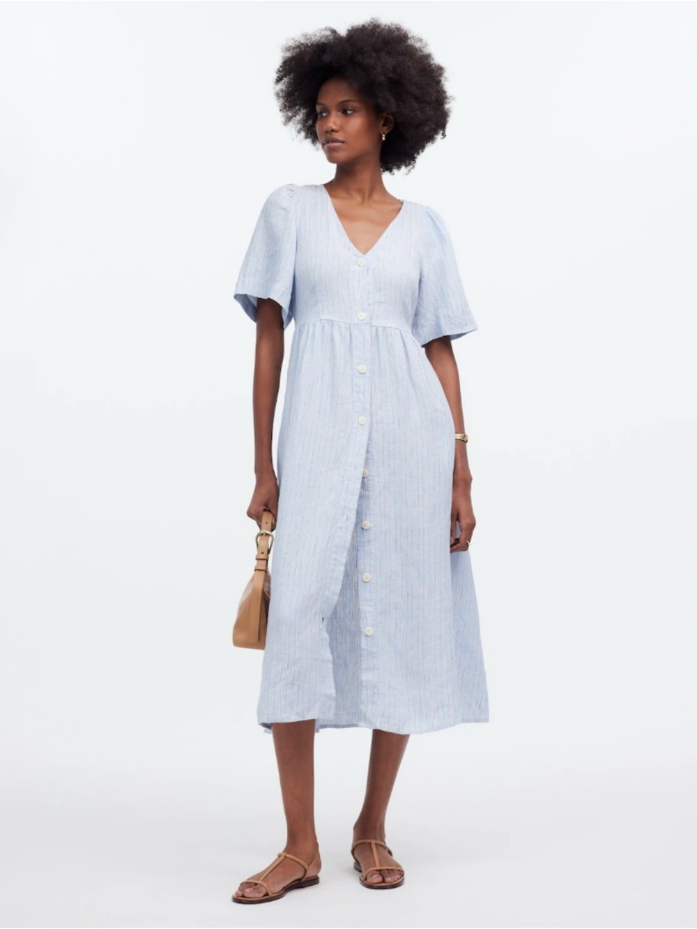 Cassie Button-Front Midi Dress in Linen Powder Blue
